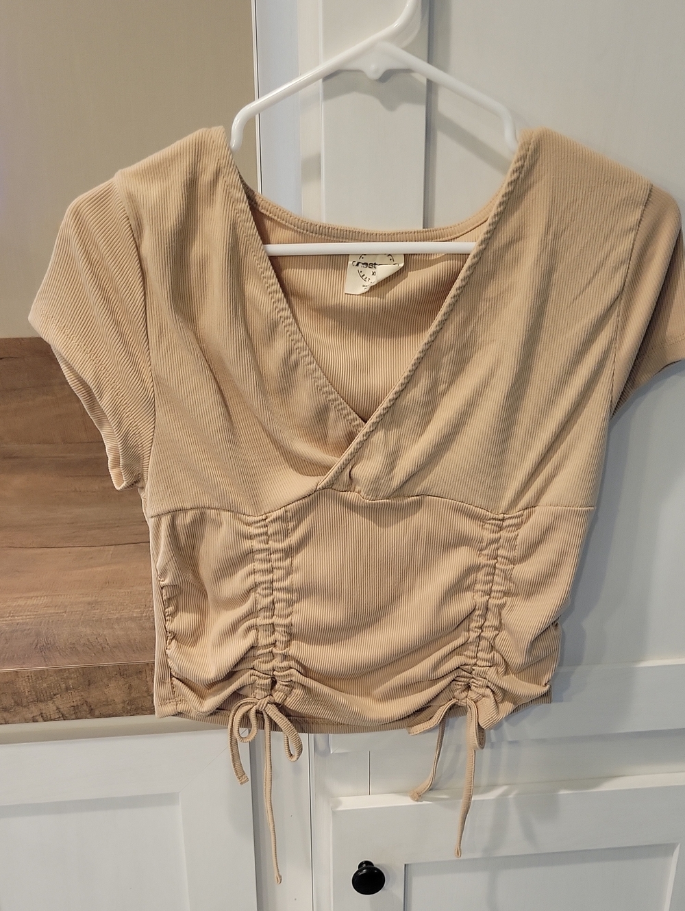 One Step Ahead Beige Ruched V-Neck Cropped Top